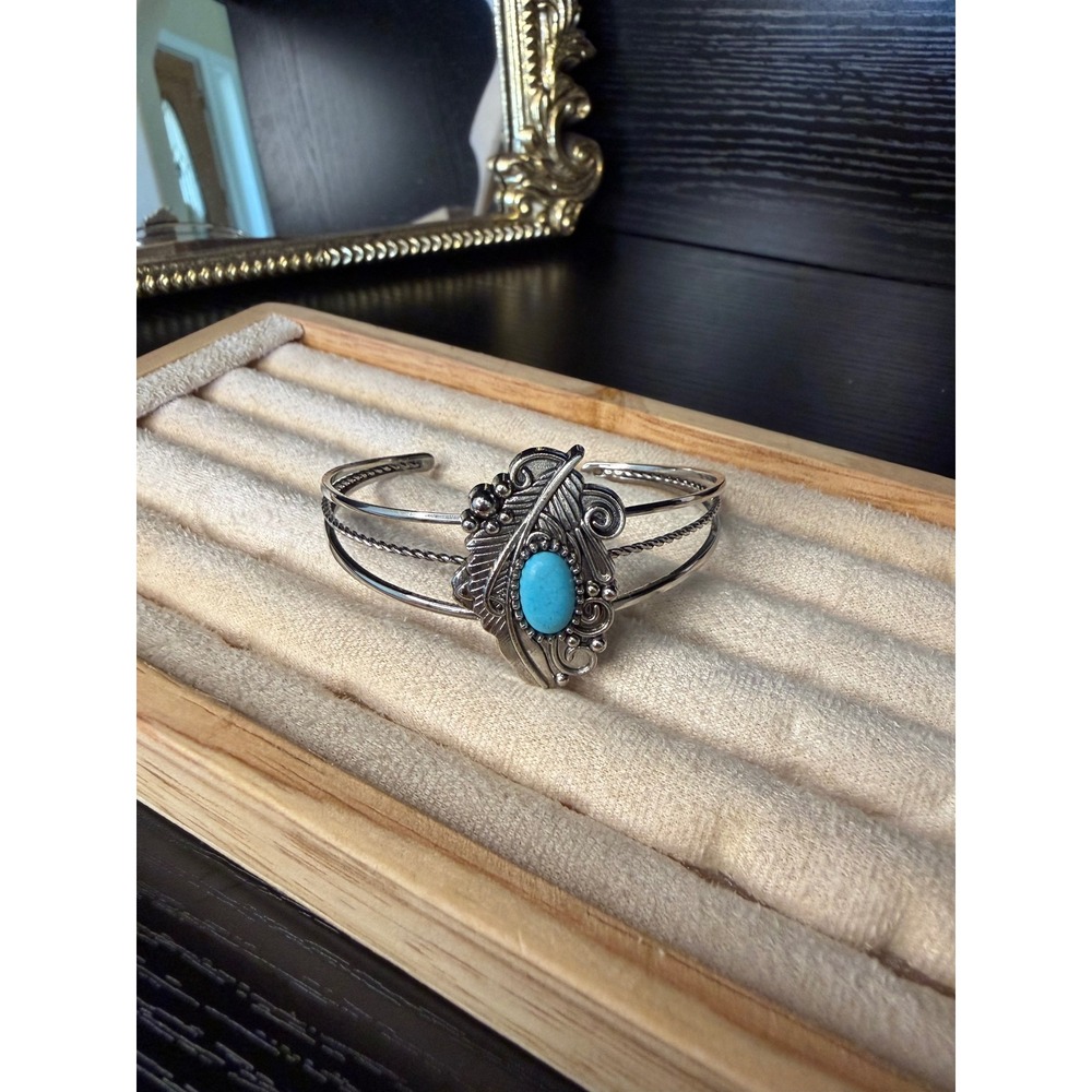 Southwestern Turquoise Feather Cuff Bracelet Silver Tone Western Boho Style